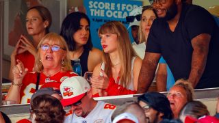 Taylor Swift watches a regular season game between the Kansas City Chiefs and the Chicago Bears with Donna Kelce, mother of Kansas City Chiefs tight end Travis Kelce, at GEHA Field at Arrowhead Stadium on September 24, 2023 in Kansas City, Missouri.