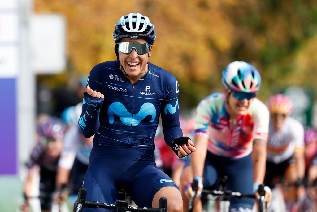 LAUSANNE SWITZERLAND OCTOBER 07 Arlenis Sierra Caadilla of Cuba and Movistar Team Women celebrates at finish line as stage winner during the 1st Tour de Romandie Feminin 2022 Stage 1 a 1344km stage from Lausanne to Lausanne TDRwomen TDRF on October 07 2022 in Lausanne Switzerland Photo by Bas CzerwinskiGetty Images