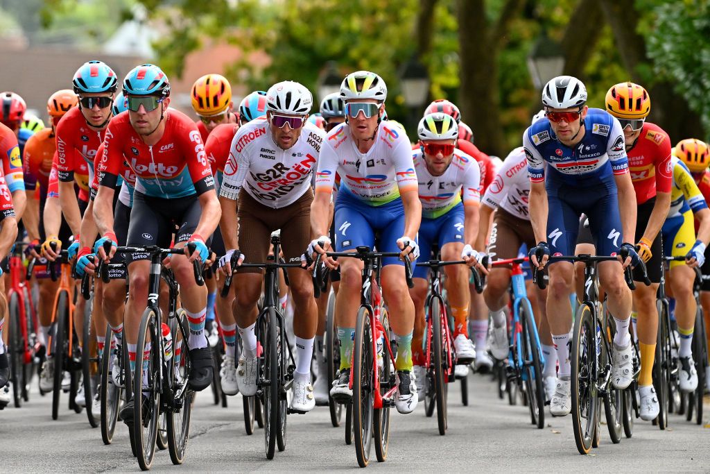 MONTDELENCLUS BELGIUM SEPTEMBER 28 LR Arnaud De Lie of Belgium Frederik Frison of Belgium and Team Lotto Dstny Greg Van Avermaet of Belgium and Ag2R Citroen Team Dries Van Gestel of Belgium and Team TotalEnergies Kasper Asgreen of Denmark and Team Soudal QuickStep and Anthon Charmig of Denmark and UnoX Pro Cycling Team compete during the 82nd Circuit FrancoBelge 2023 a 1906km one day race from Tournai to MontdelEnclus on September 28 2023 in MontdelEnclus Belgium Photo by Luc ClaessenGetty Images