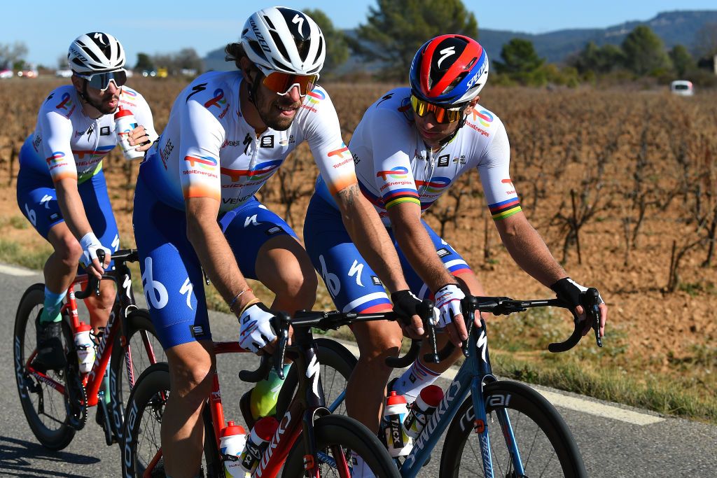 LA SEYNESURMER FRANCE FEBRUARY 18 LR Daniel Oss of Italy and Peter Sagan of Slovakia and Team Total Energies during the 54th Tour Des Alpes Maritimes Et Du Var 2022 Stage 1 a 176km stage from Saint Raphal to La SeynesurMer TDHV22 on February 18 2022 in La SeynesurMer France Photo by Dario BelingheriGetty Images