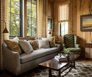 wood paneled living room
