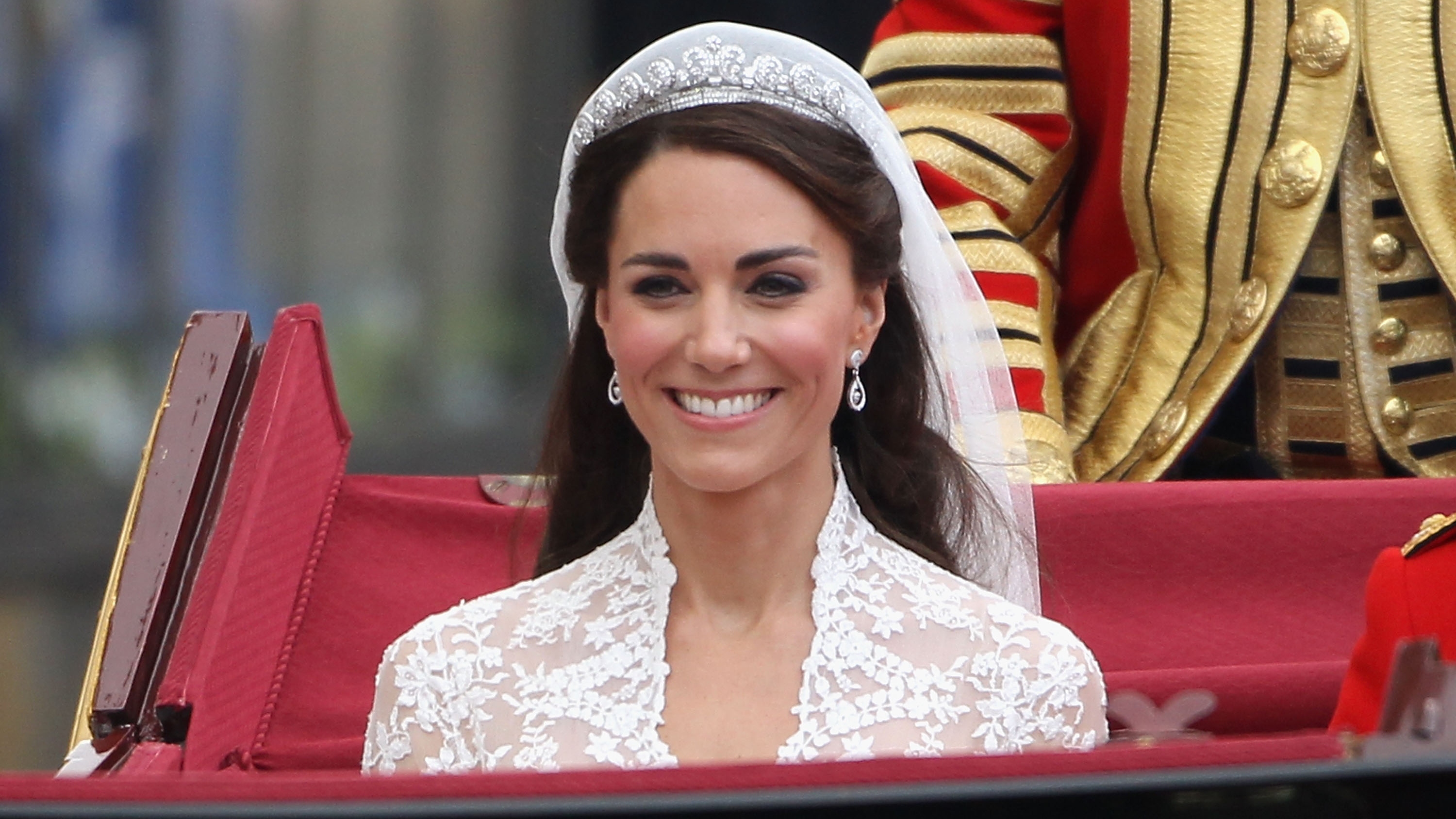 The Princess of Wales journeys by carriage procession to Buckingham Palace following her marriage to Prince William