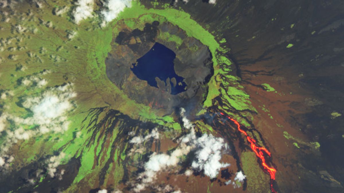 A satellite photo of a volcano with a crater lake and lava bleeeding down the side of its tree-covered slopes