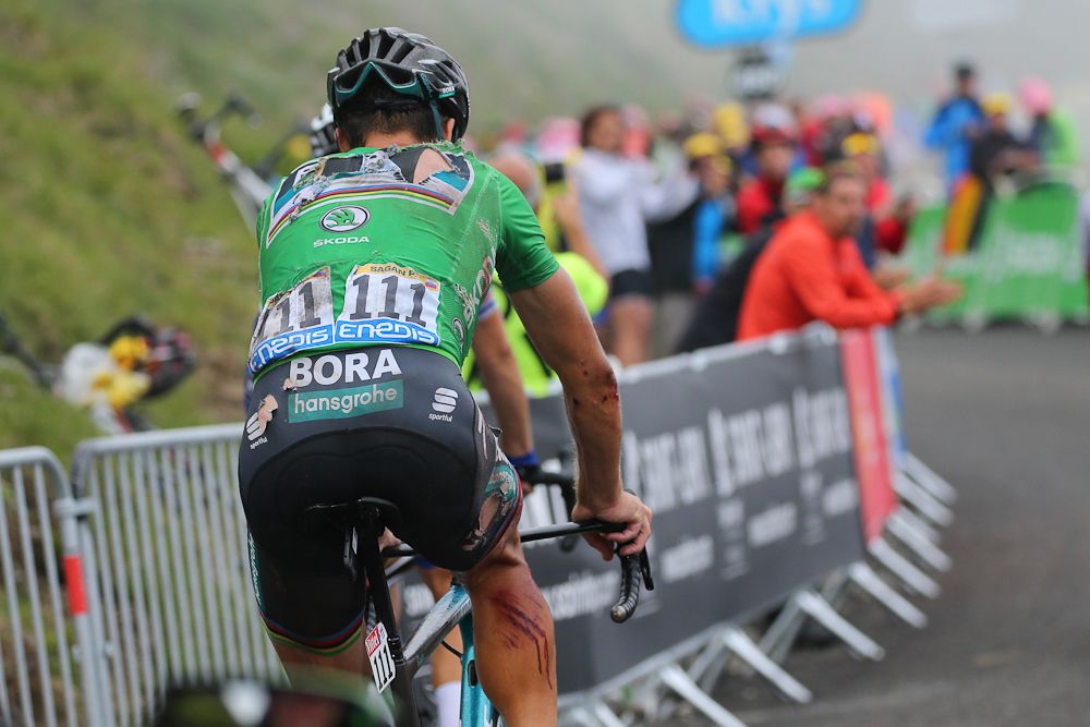 Peter Sagan rides to the finish following his stage 17 crash at the Tour de France