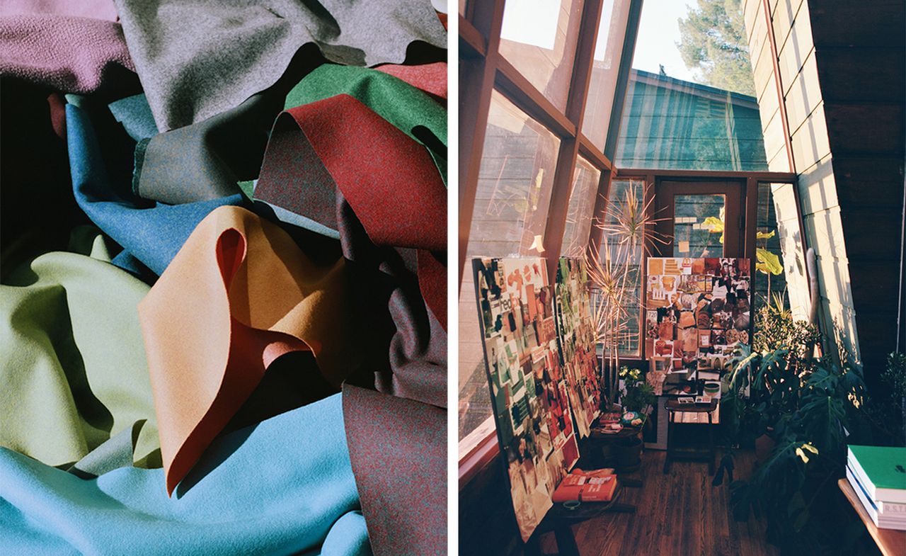 The photo to the left shows many textile scraps in different colors. The photo to the right shows Sander Lak&#039;s studio, which is set in a sunroom and has many plants. Three mood boards stand in between the plants.