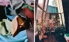 The photo to the left shows many textile scraps in different colors. The photo to the right shows Sander Lak's studio, which is set in a sunroom and has many plants. Three mood boards stand in between the plants.