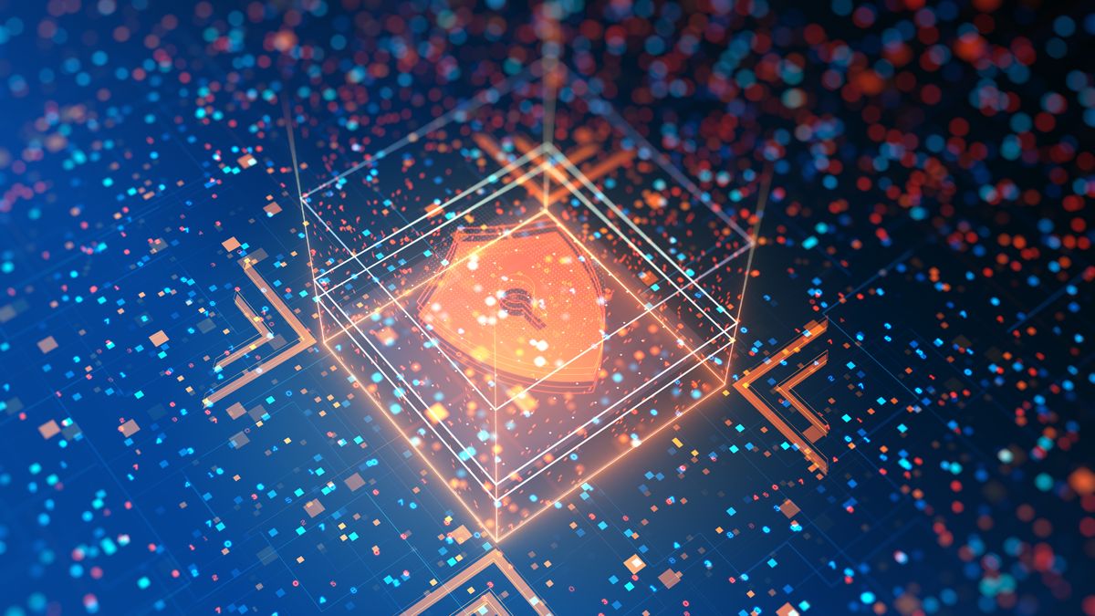 A CGI render of a shield in a box representing an air gap, surrounded by points of red and blue light representing data transfer. The render is viewed from an isometric angle and the shield is orange.