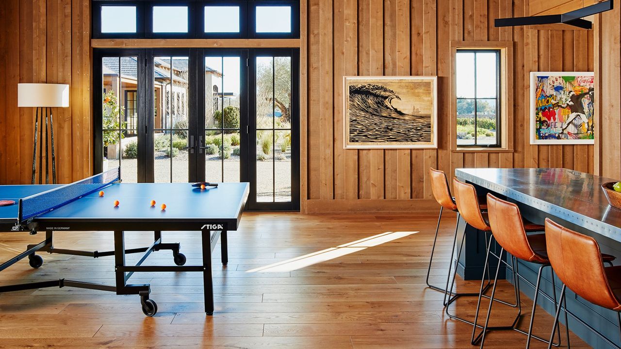 A wooden floorboard in a games room of a California home