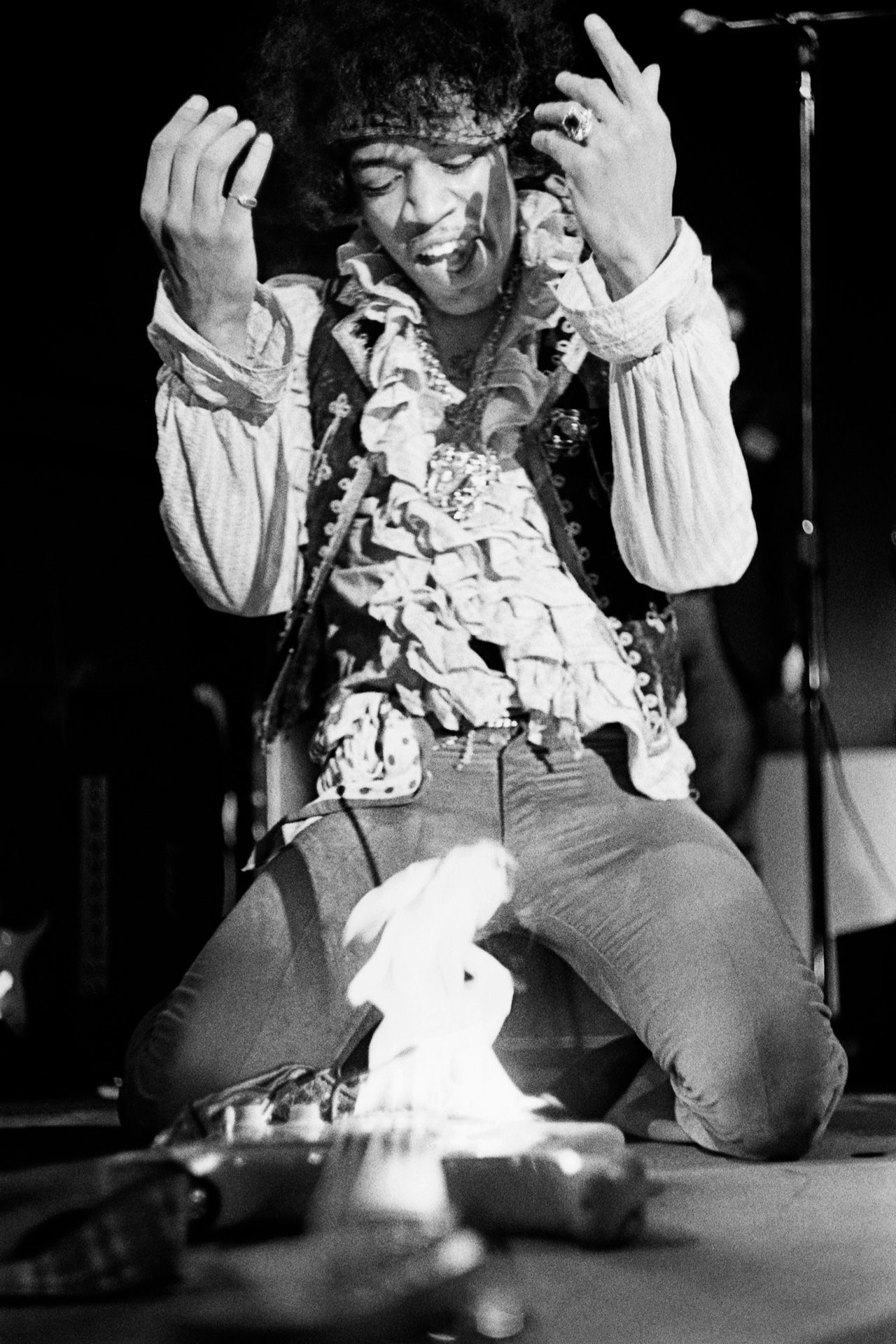Jimi Hendrix sets fire to his guitar...