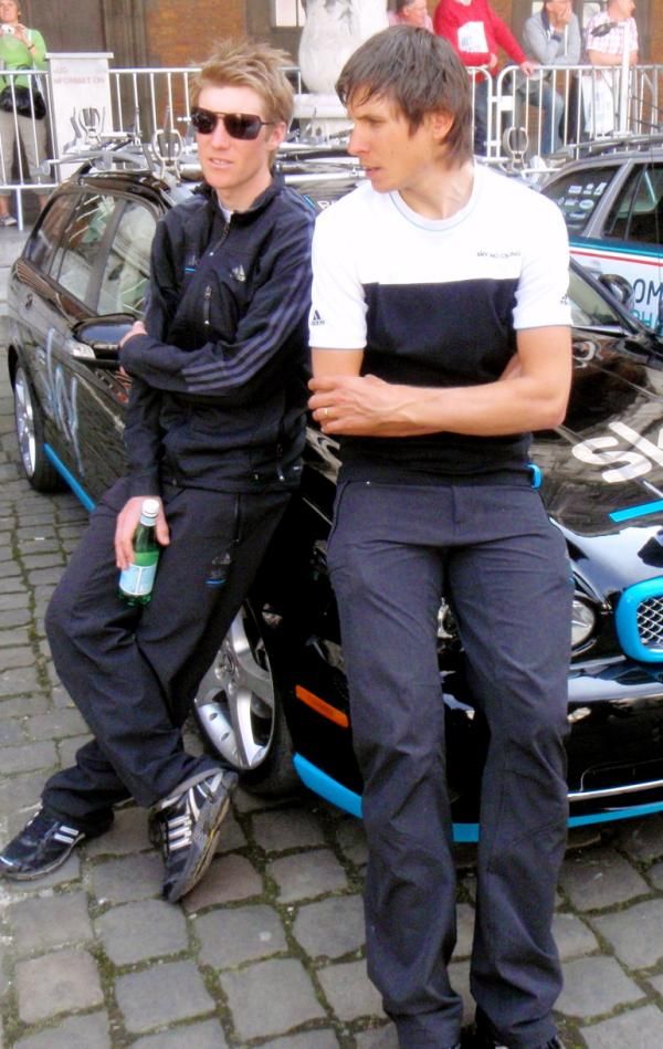 Sky teammates Lars Petter Nordhaug and Thomas L&ouml;vkvist wait to be presented in Li&egrave;ge