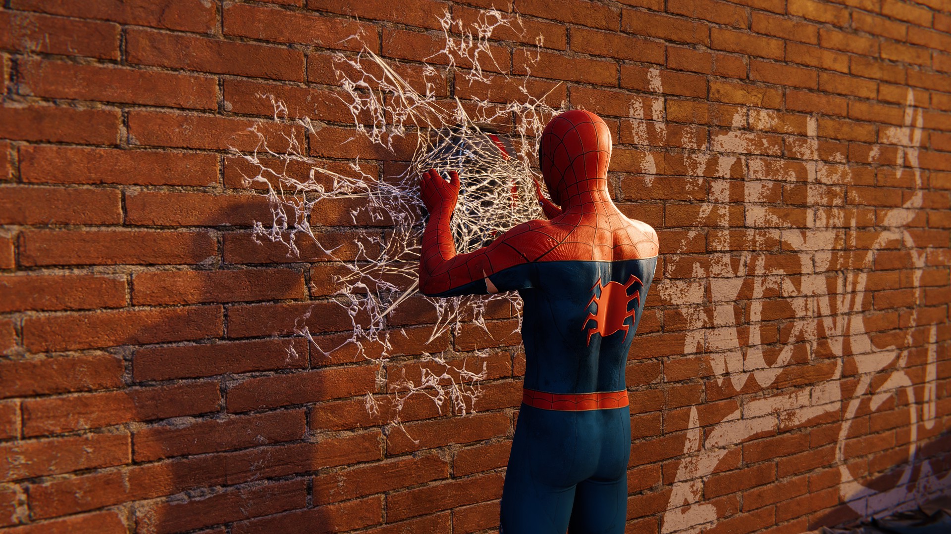 Jeton de sac à dos Spiderman collé au mur
