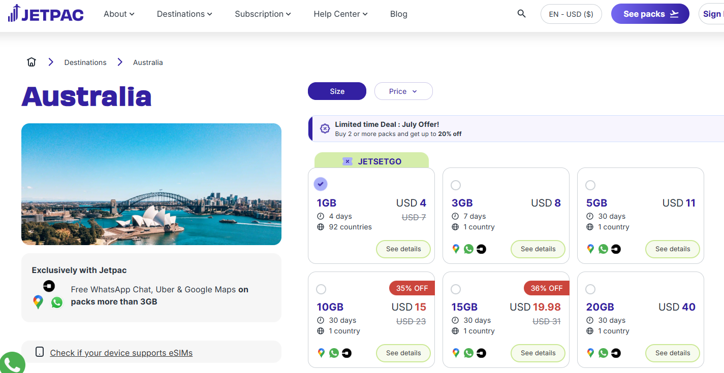 Screen grab of Jetpac eSIM for Australia