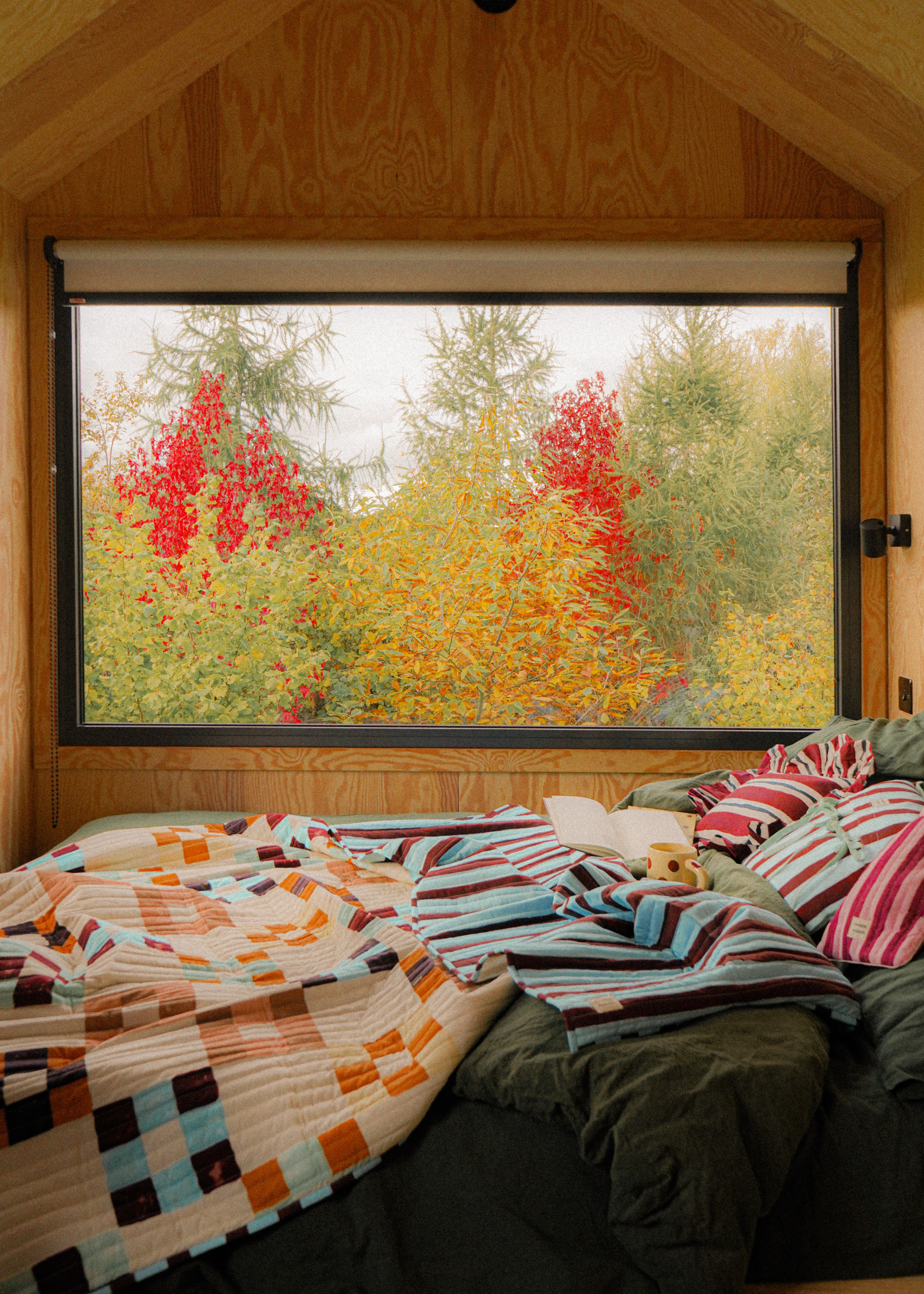A wood cabin with a large window looking out on fall foliage