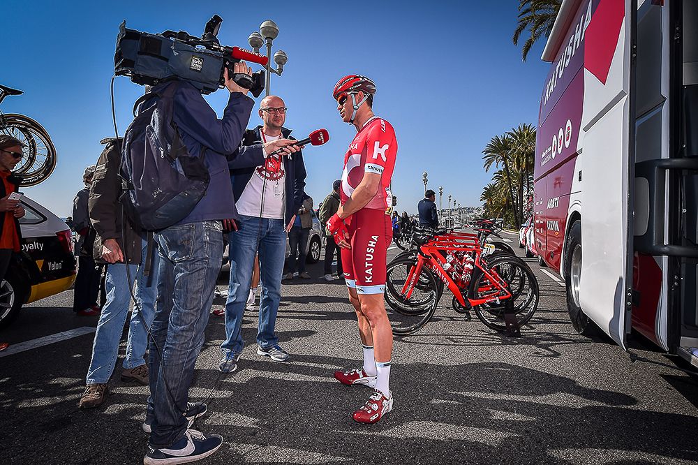 Alexander Kristoff speaks with the press before stage 6 at Paris-Nice.