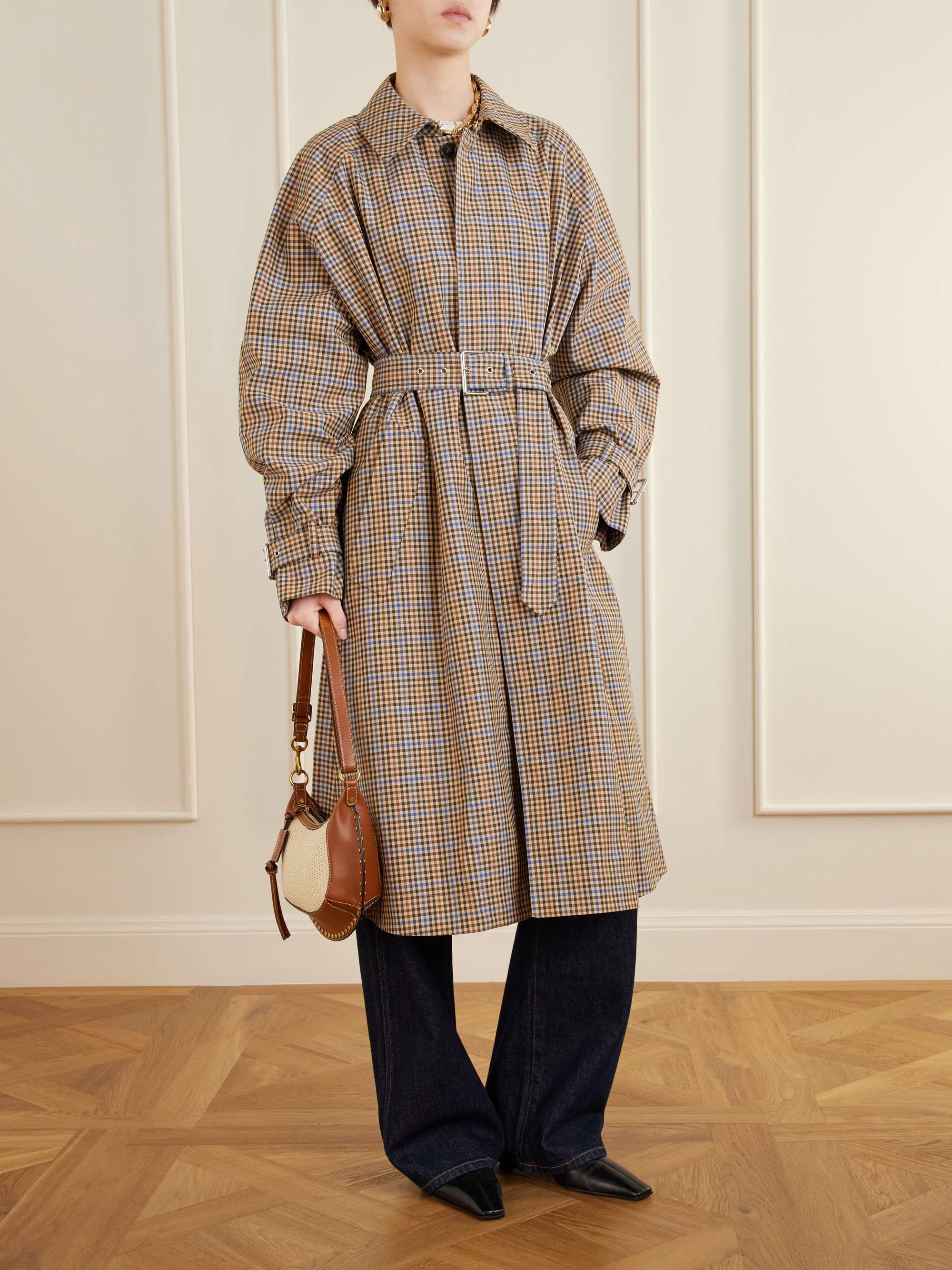 Belted Checked Cotton-Blend Trench Coat