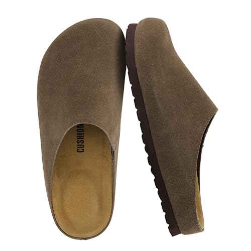 Cushionaire Lute Genuine Suede Leather Clogs for Women Indoor and Outdoor &amp;ndash; Comfortable Slip on Womens Clogs With Cushioned Footbed, Dark Taupe 9