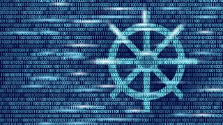 The steering wheel of a ship made up of binary against a blue background