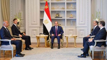 Egyptian President Abdel Fattah el-Sisi discuss developments in the Middle East with Jared Kushner, adviser and son-in-law to U.S. President Donald Trump in El Alamein, Egypt