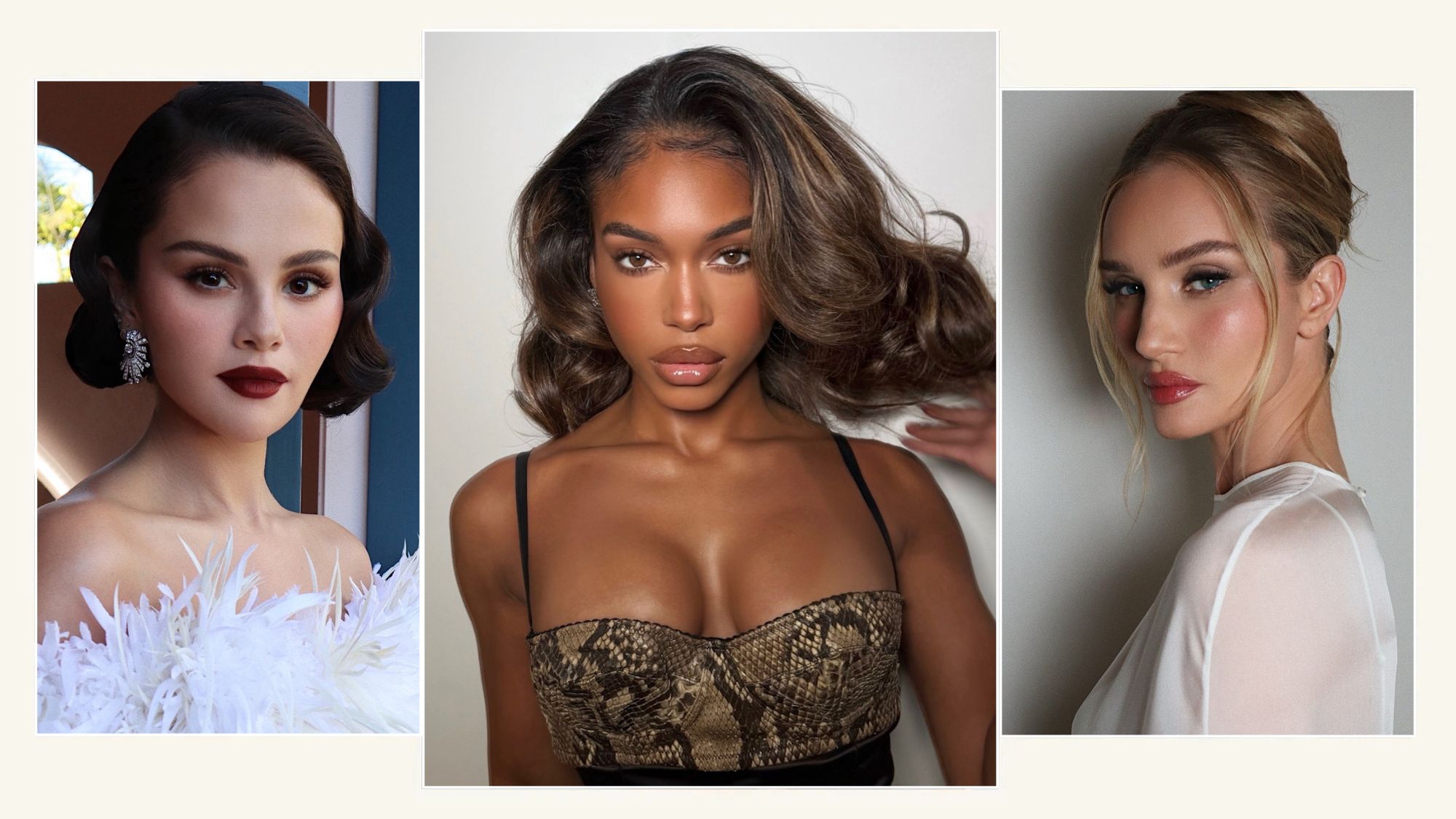 Images of Selena Gomez, Lori Harvey, and Rosie Huntington-Whiteley wearing date-night-ready makeup.