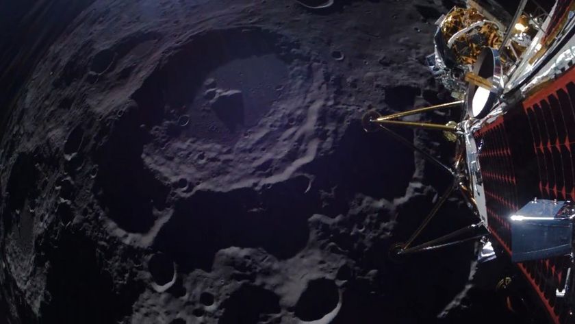 Intuitive Machines&#039; second moon lander, named Athena, snapped this selfie above the surface of the moon on March 4, 2025.