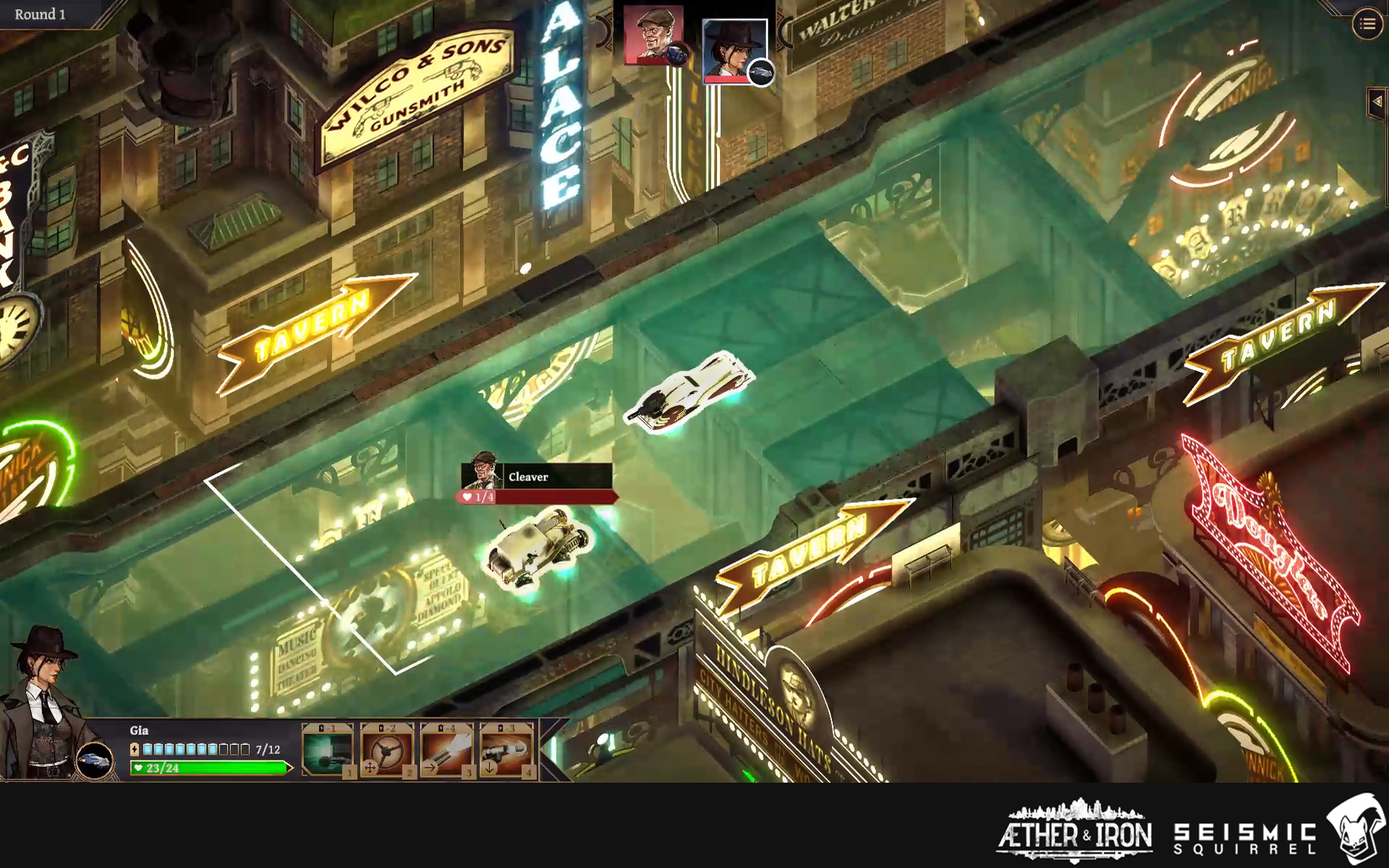 Aether & Iron screenshot showing the tactics RPG set in a sci-fi 1930s New York
