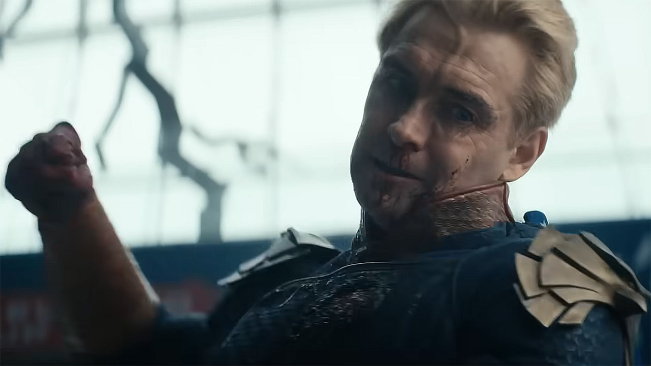 A close-up of a bloody Homelander preparing to punch someone in The Boys season 5