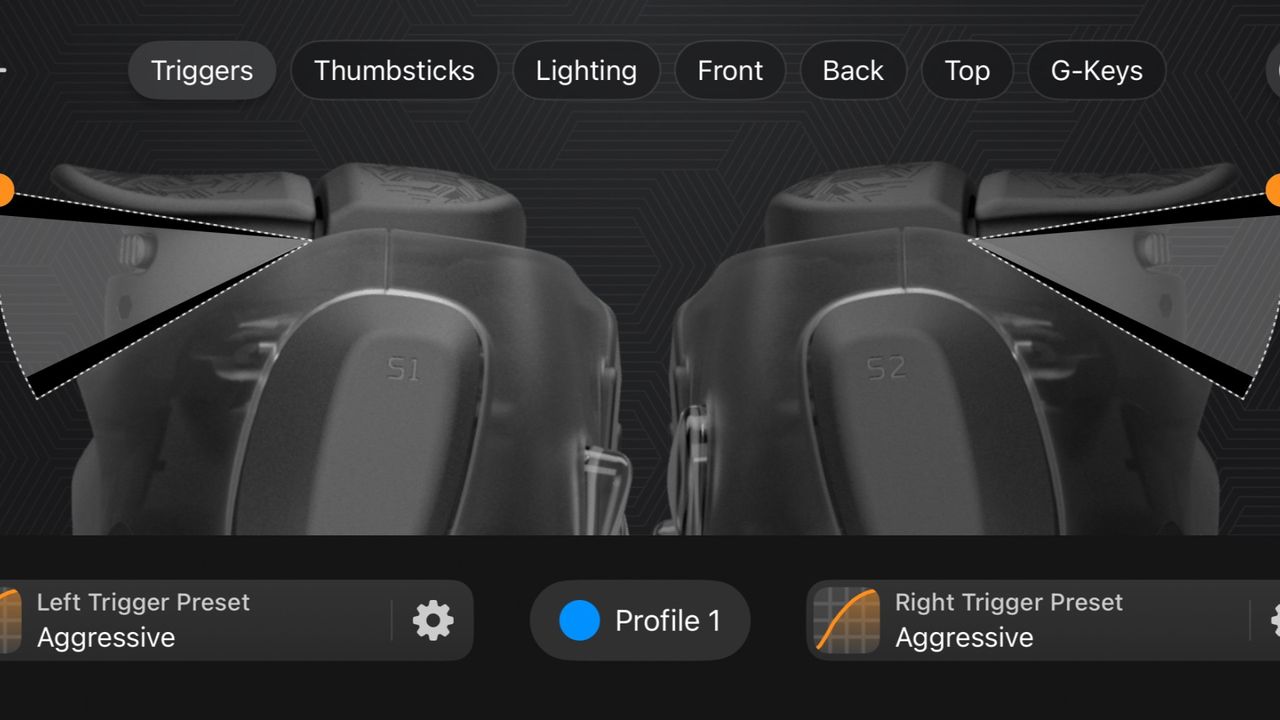 Screenshot from Scuf mobile app showing trigger deadzone assignments on Scuf Omega PS5 controller