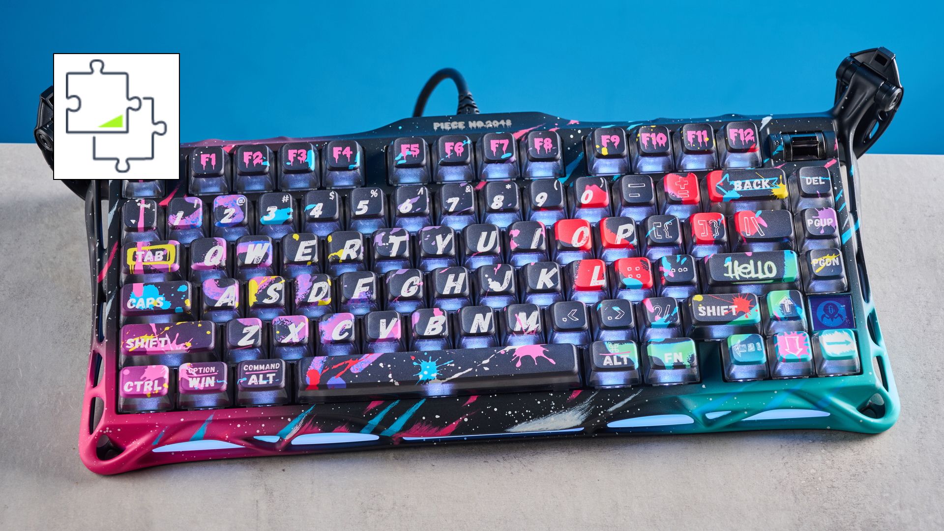A photo of a gaming keyboard with graffiti-style colours