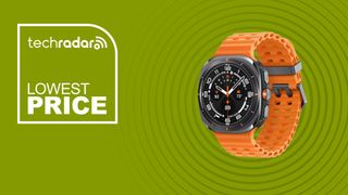 The Samsung Galaxy Watch Ultra on a green background with text saying lowest price.