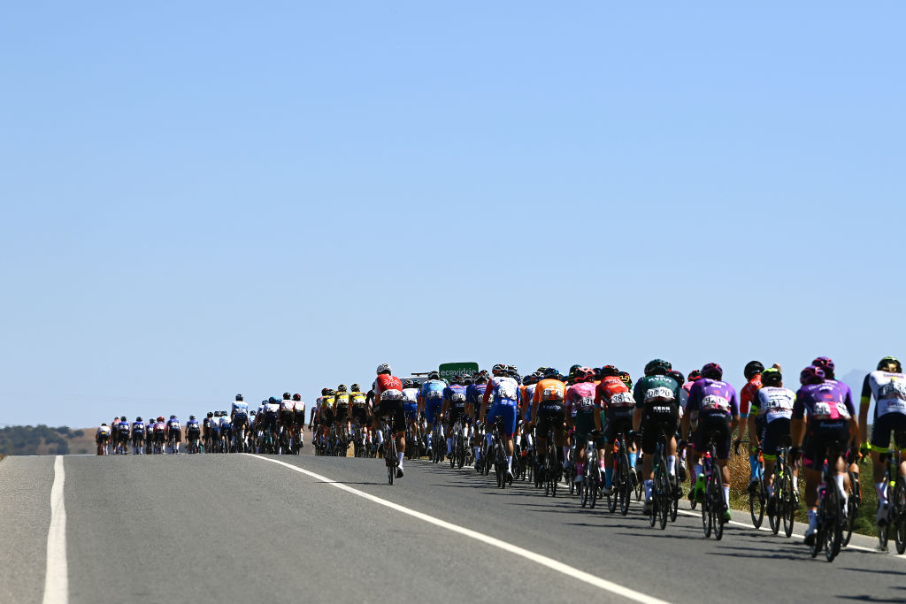 TOMARES SPAIN SEPTEMBER 06 A general view of the peloton competing during the 77th Tour of Spain 2022 Stage 16 a 1894km stage from Sanlcar de Barrameda to Tomares LaVuelta22 WorldTour on September 06 2022 in Tomares Spain Photo by Tim de WaeleGetty Images