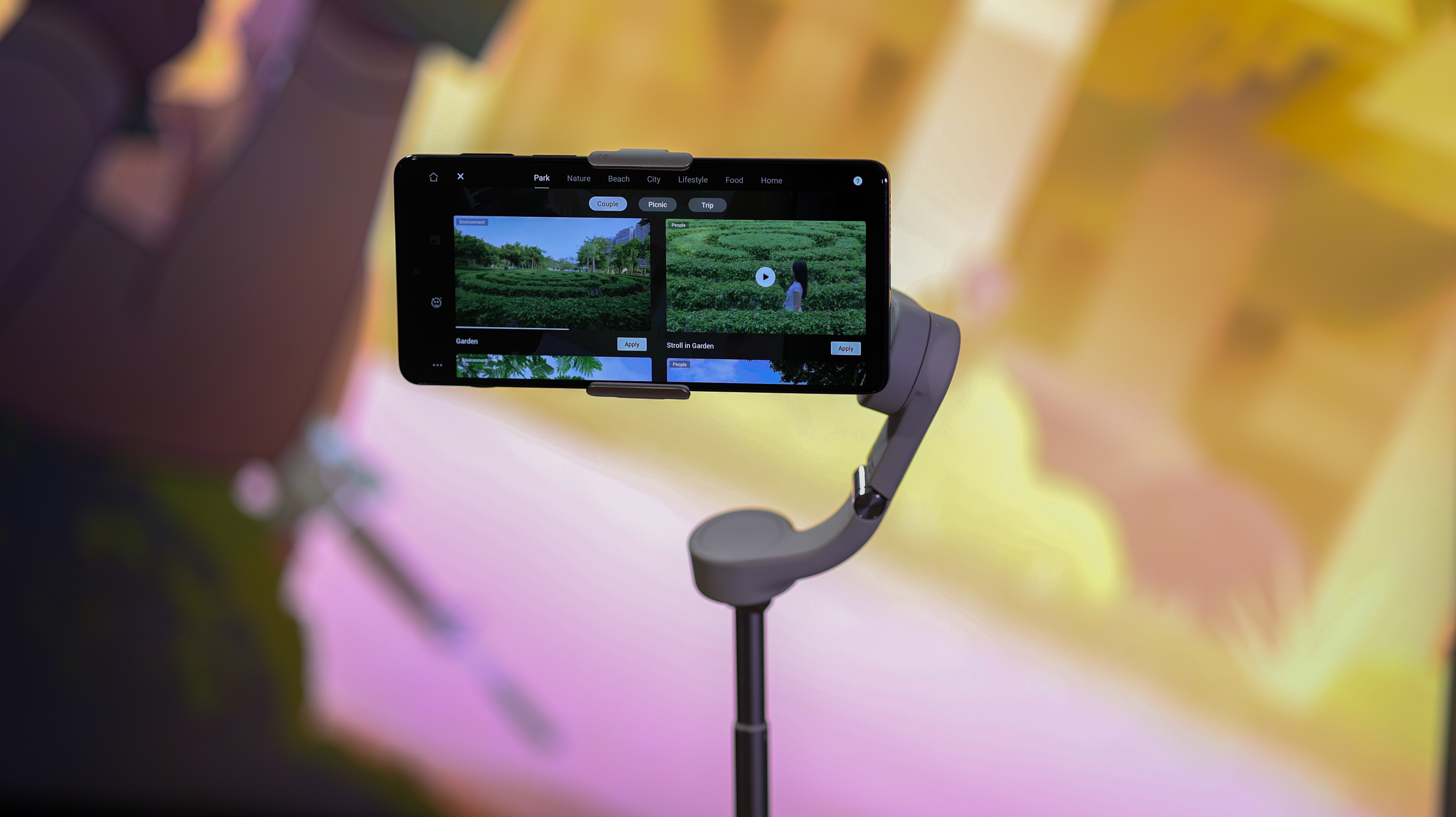 A phone mounted on the DJI OM 5 phone gimbal