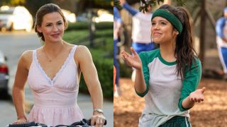 Two press images from Netflix press site of Jennifer Garner walking with a bike and Jenna Ortega clapping in the Netflix movie Yes Day.