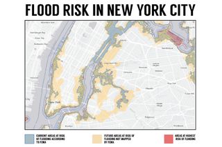 This image overlays the 100-year floodplain mapped by FEMA with information the New York Department of State. The red corresponds to areas at the highest risk of flooding, the blue indicates the 100-year flood plain (as delineated on FEMA's new maps), and the cream colored area shows areas vulnerable to flooding when considering 3 feet of sea-level rise or the surge from a category 3 hurricane (Sandy was barely a category 1 storm).
