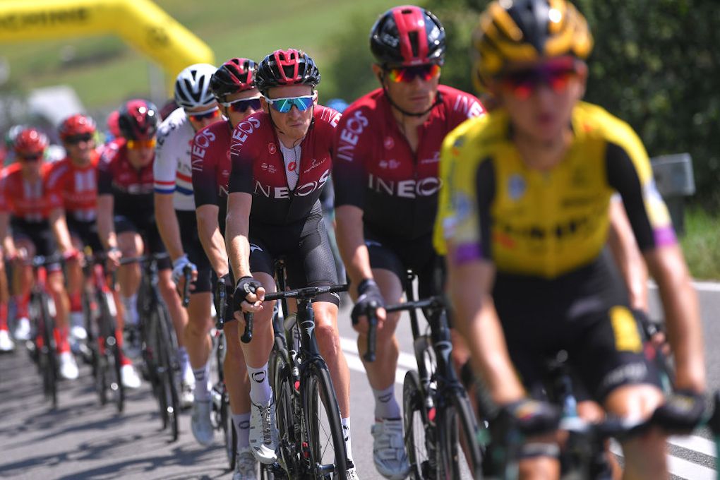 Tao Geoghegan Hart rides in the Team Ineos train during stage 7 at Tour de Pologne