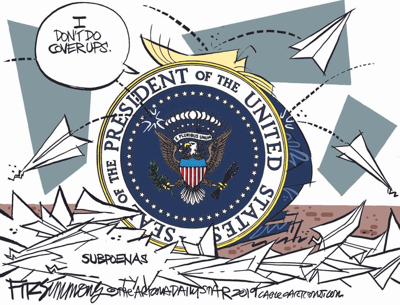 Political Cartoon U.S. Trump Obstruction of Justice Coverups Shield