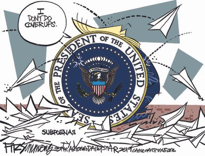 Political Cartoon U.S. Trump Obstruction of Justice Coverups Shield