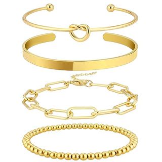 Gelang Bangle Emas Reoxvo untuk Wanita Stack Non Tarnish 14k Gold Plated Cuff Bracelet Set Perhiasan Aksesoris untuk Wanita Gadis Trendi