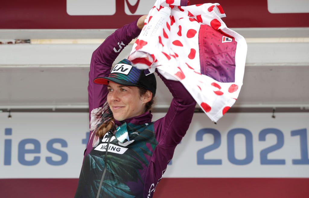 WEERT NETHERLANDS AUGUST 27 Alison Jackson of Canada and Team Liv Racing celebrates winning the polka dot mountain jersey on the podium ceremony after the 23rd Simac Ladies Tour 2021 Stage 3 a 1259km stage from Stramproy to Weert SLT2021 UCIWWT on August 27 2021 in Weert Netherlands Photo by Bas CzerwinskiGetty Images