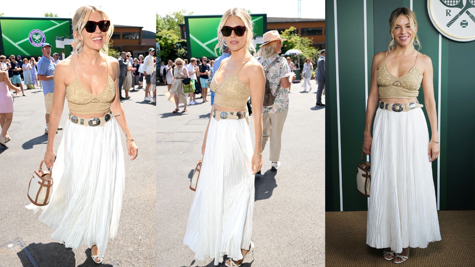 Sienna Miller at Wimbledon 2025 in a boho outfit of crochet top, white skirt and suede western belt