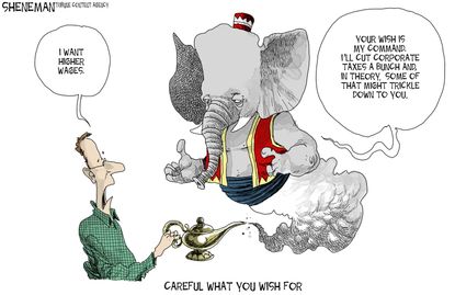 Political cartoon U.S. GOP tax cuts trickle-down higher wages