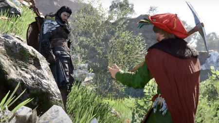 Macduff meeting a jester during a gameplay trailer for Crimson Desert. 