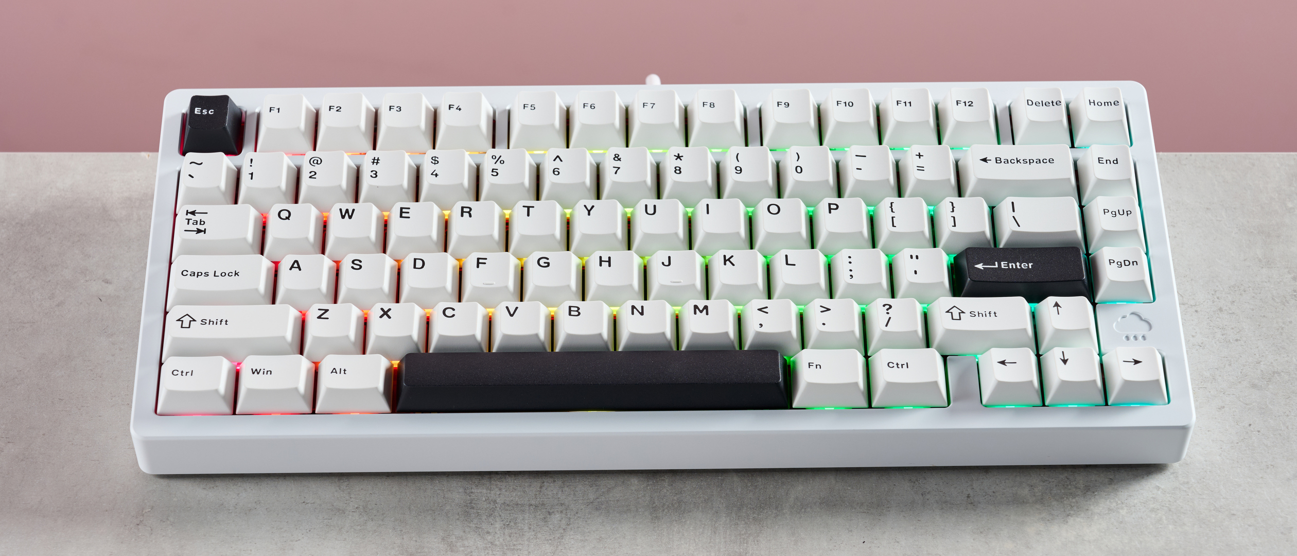 Wobkey Rainy 75 Pro on desk with pink background