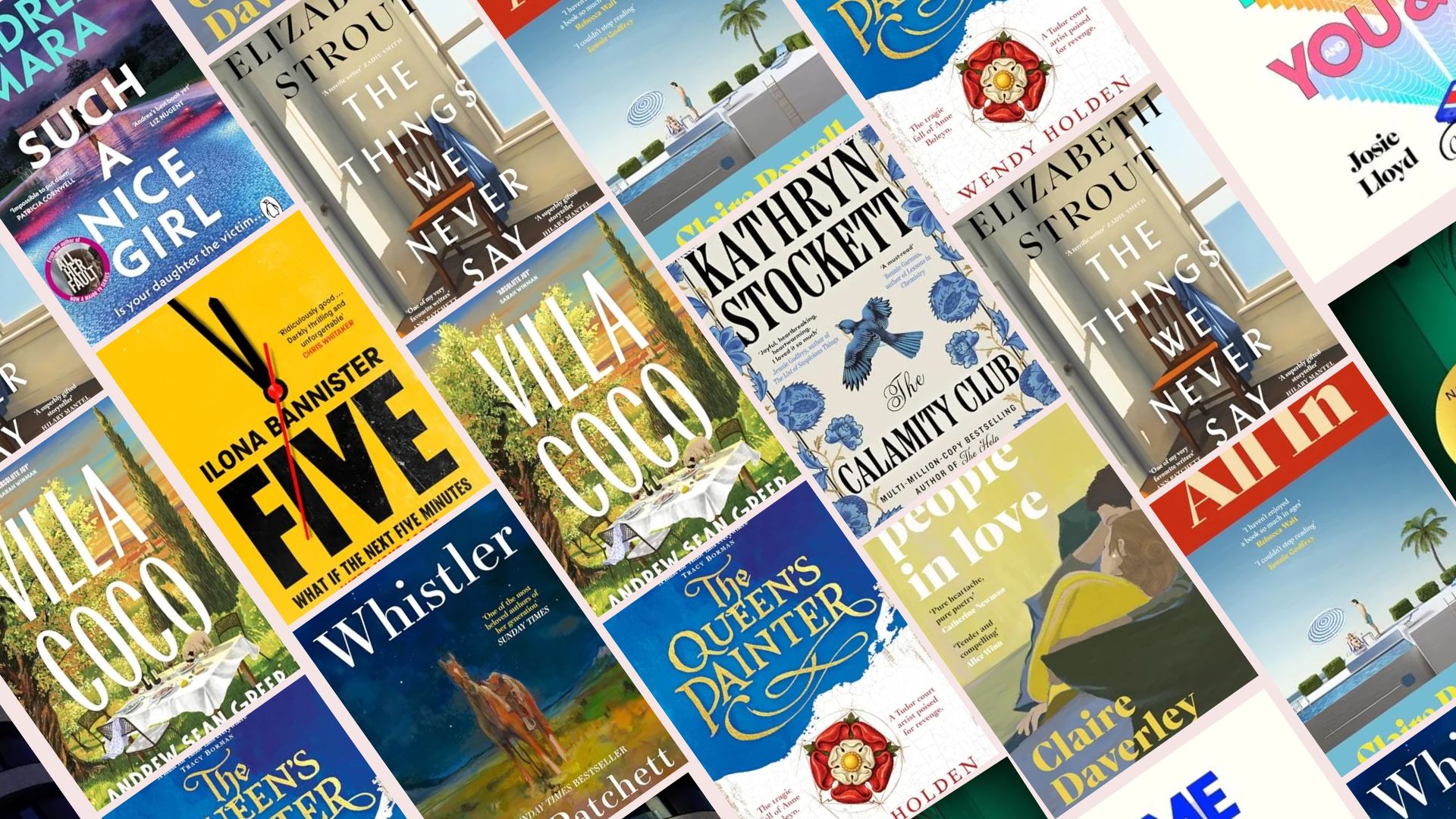 A selection of book covers for the best books to read in july, including Five, Villa Coco, Whistler, and All In