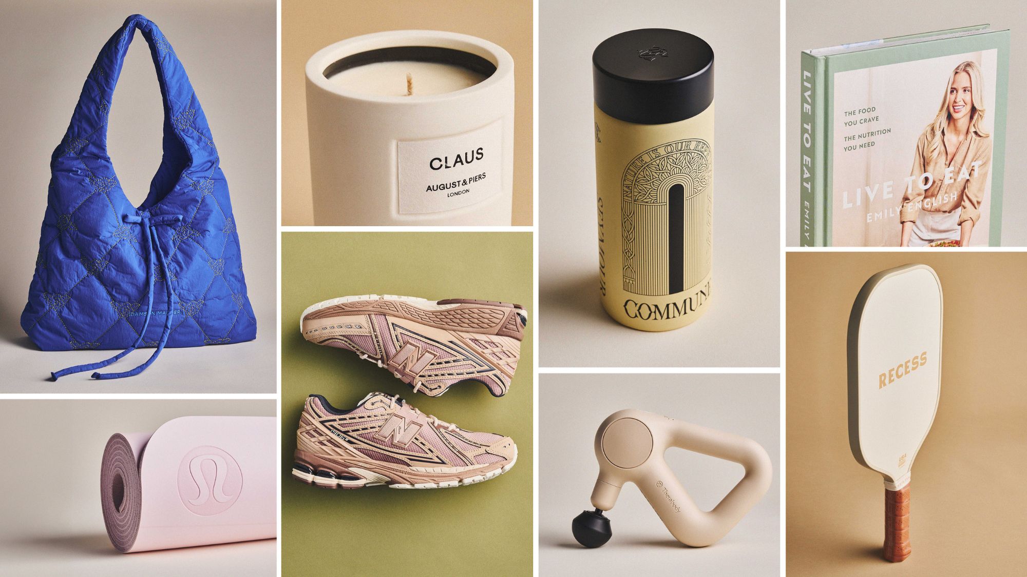 Best wellness gifts 2025: Shots of the best gifts for health enthusiasts, including a Damson Madder gym bag, lululemon workout mat, August & Piers candle, New Balance trainers, Commune bath salts, Theragun, Em The Nutritionist cookbook, and FP Movement Padel bat