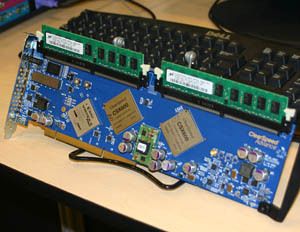During a demonstration at IDF, the PCI Express - consuming a total of just 25 watts - card showed a performance peak of about 55 GFlops with a minimum of about 45 GFlops. Putting this into perspective, a 2-way Xeon system with 3.2 GHz processors was shown running parallel to the card with a peak performance of about 10 GFlops.