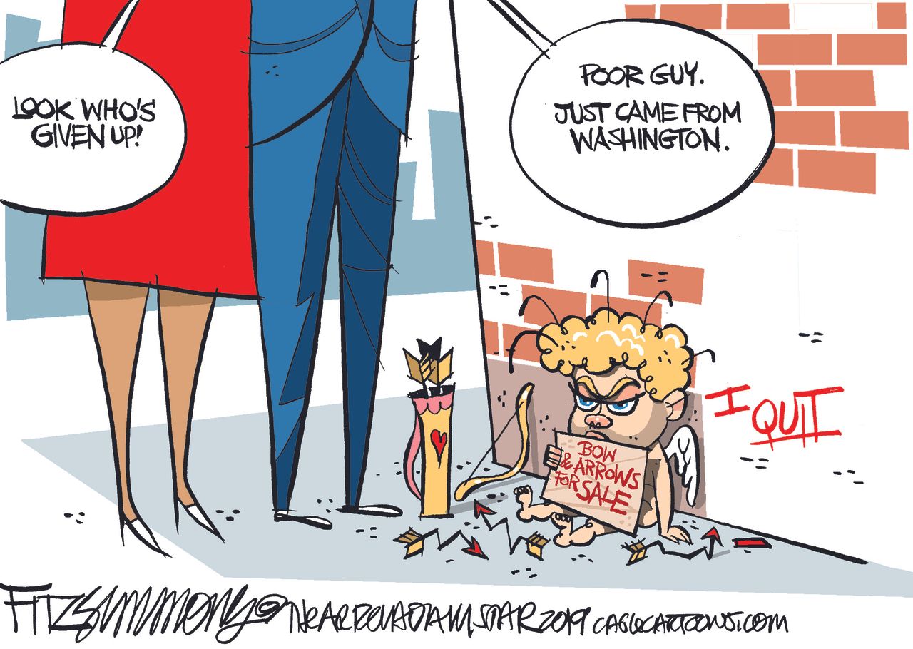 Political Cartoon U.S. Valentines day Washington homeless cupid