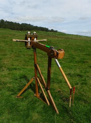 Here, a replica Roman Scorpio (Scorpian) crossbow, one type of small artillery weapon used by Roman forces.