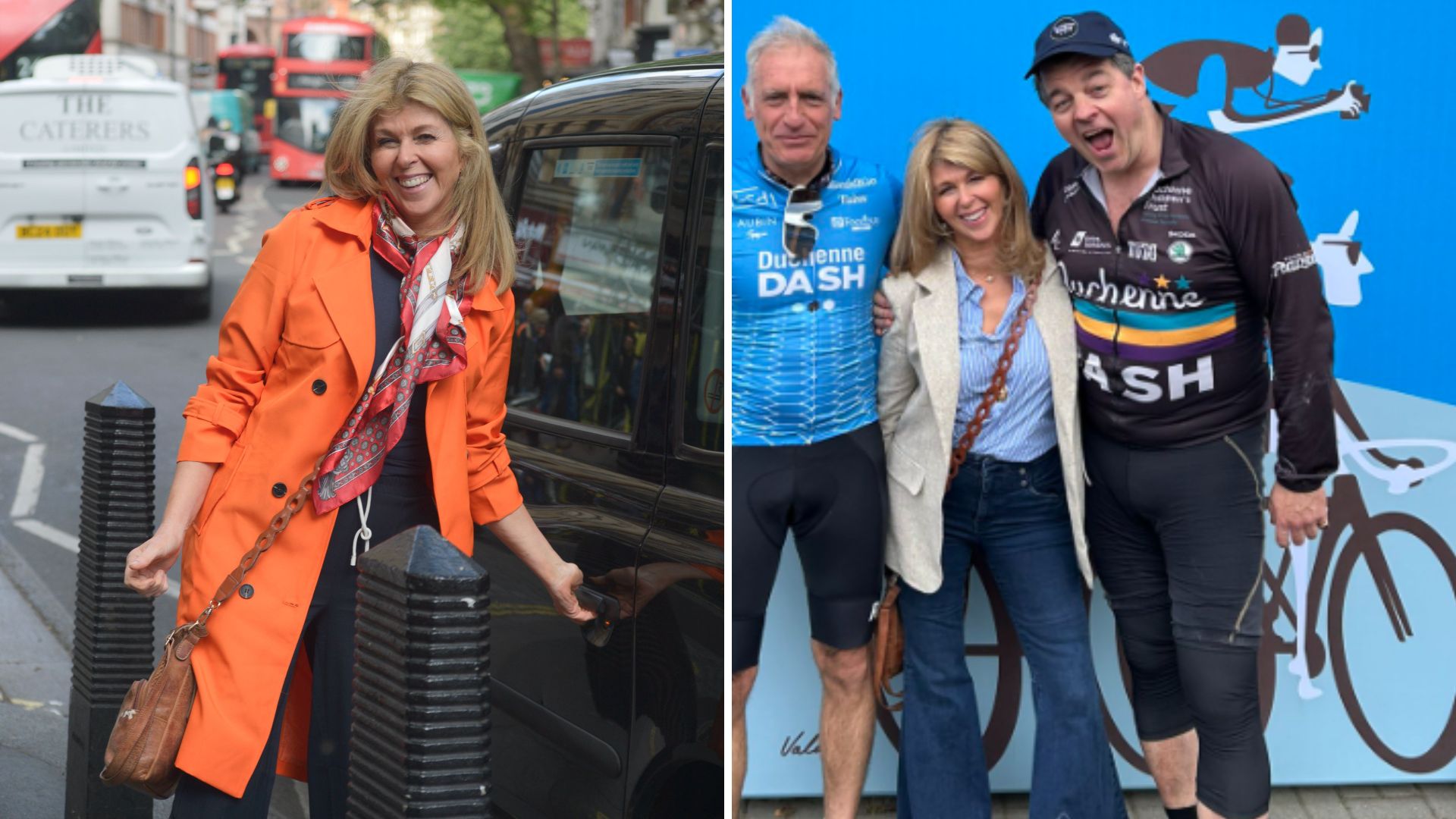 L-Kate Garraway smiling as she gets a taxi, R-Serge Kogan, Kate Garraway and Liam Halligan