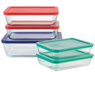 Pyrex glass food containers with red, blue and green lids