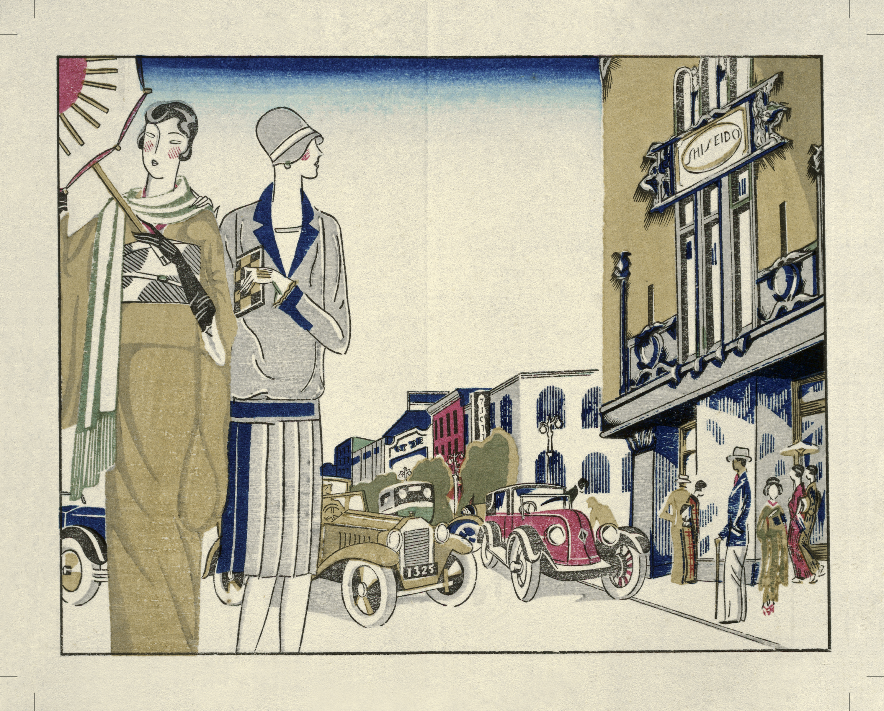 Illustration of well dressed women walking in street from 1920s. A Ginza scene, from ‘Ladies Pocketbook’, 1927, from Shiseido Corporate Museum archives